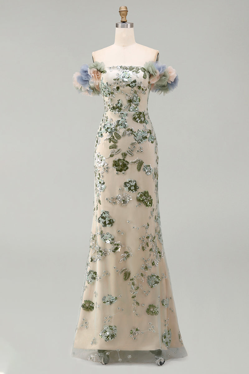 Laden Sie das Bild in den Galerie-Viewer, Staubiger Salbei von der Schulter Meerjungfrauen-Pailletten-Mutter-der-Braut-Kleid mit 3D-Blumen