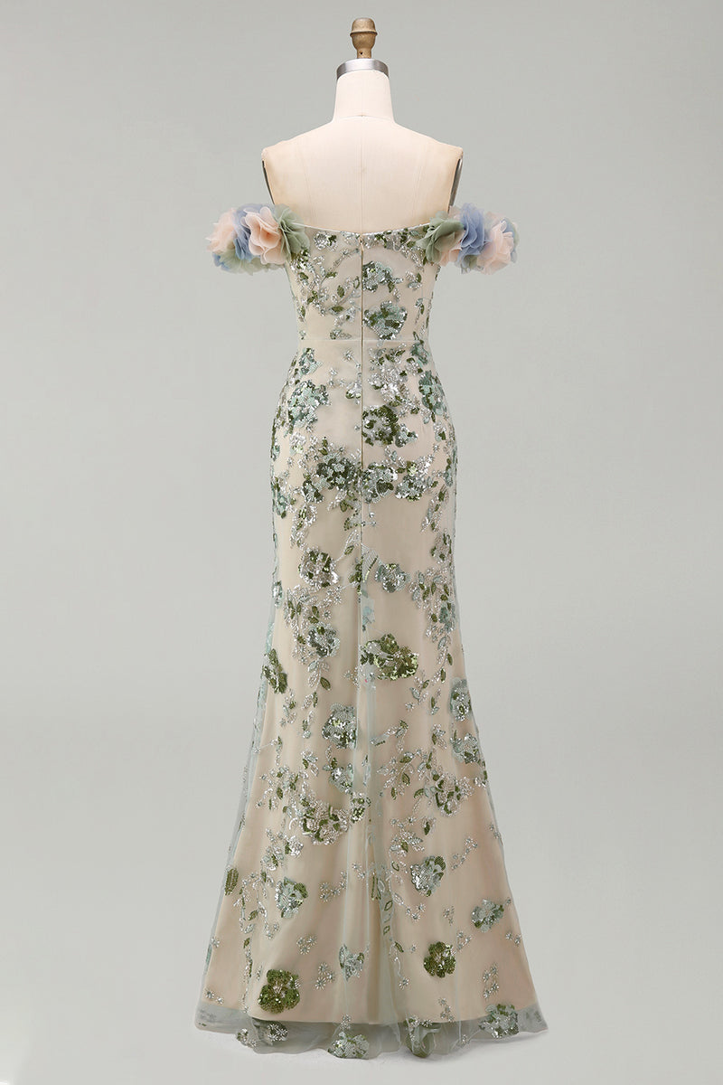 Laden Sie das Bild in den Galerie-Viewer, Staubiger Salbei von der Schulter Meerjungfrauen-Pailletten-Mutter-der-Braut-Kleid mit 3D-Blumen