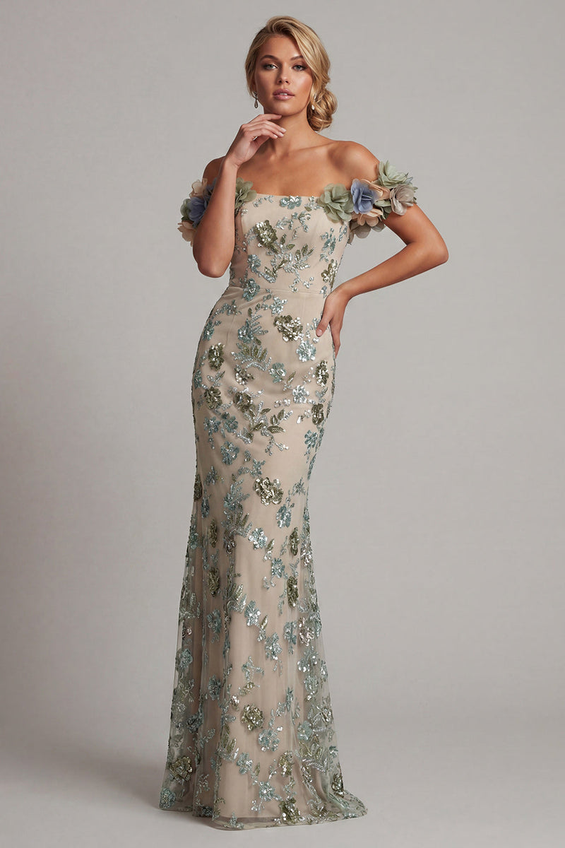 Laden Sie das Bild in den Galerie-Viewer, Staubiger Salbei von der Schulter Meerjungfrauen-Pailletten-Mutter-der-Braut-Kleid mit 3D-Blumen