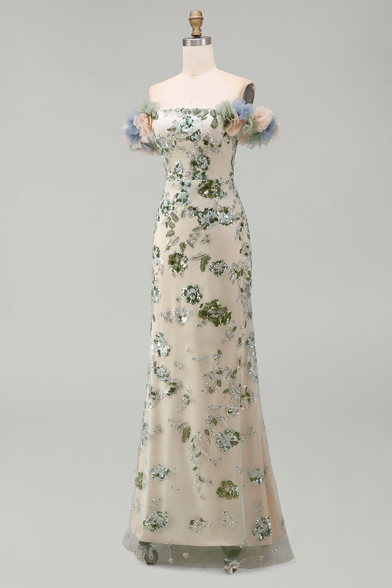 Laden Sie das Bild in den Galerie-Viewer, Staubiger Salbei von der Schulter Meerjungfrauen-Pailletten-Mutter-der-Braut-Kleid mit 3D-Blumen