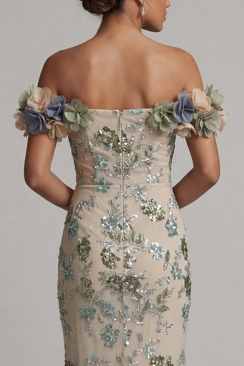 Laden Sie das Bild in den Galerie-Viewer, Staubiger Salbei von der Schulter Meerjungfrauen-Pailletten-Mutter-der-Braut-Kleid mit 3D-Blumen