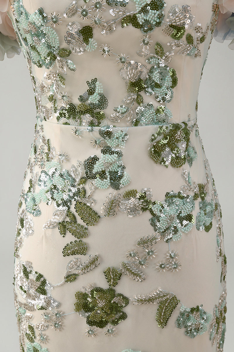 Laden Sie das Bild in den Galerie-Viewer, Staubiger Salbei von der Schulter Meerjungfrauen-Pailletten-Mutter-der-Braut-Kleid mit 3D-Blumen
