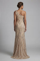 Laden Sie das Bild in den Galerie-Viewer, Champagner-Meerjungfrau mit einer Schulter applikiertes Mutter-der-Braut-Kleid