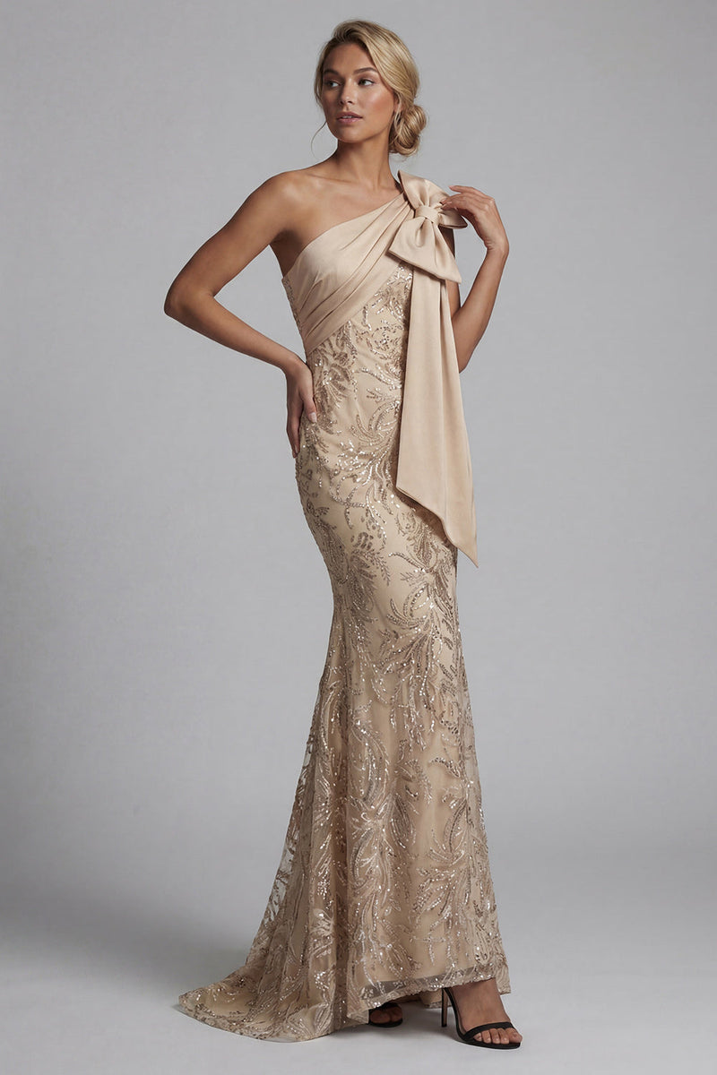 Laden Sie das Bild in den Galerie-Viewer, Champagner-Meerjungfrau mit einer Schulter applikiertes Mutter-der-Braut-Kleid