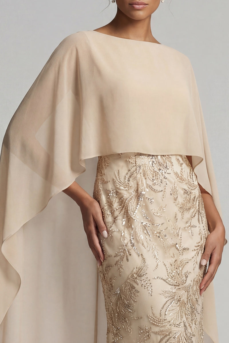 Laden Sie das Bild in den Galerie-Viewer, Champagner-applikierte Meerjungfrauen-Mutter der Braut-Kleid mit Umhang