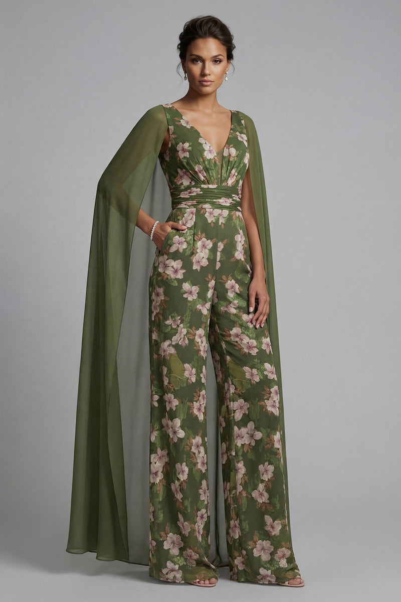 Laden Sie das Bild in den Galerie-Viewer, Eukalyptus-V-Ausschnitt floraler Mutter-der-der-Braut-Overall mit Umhang