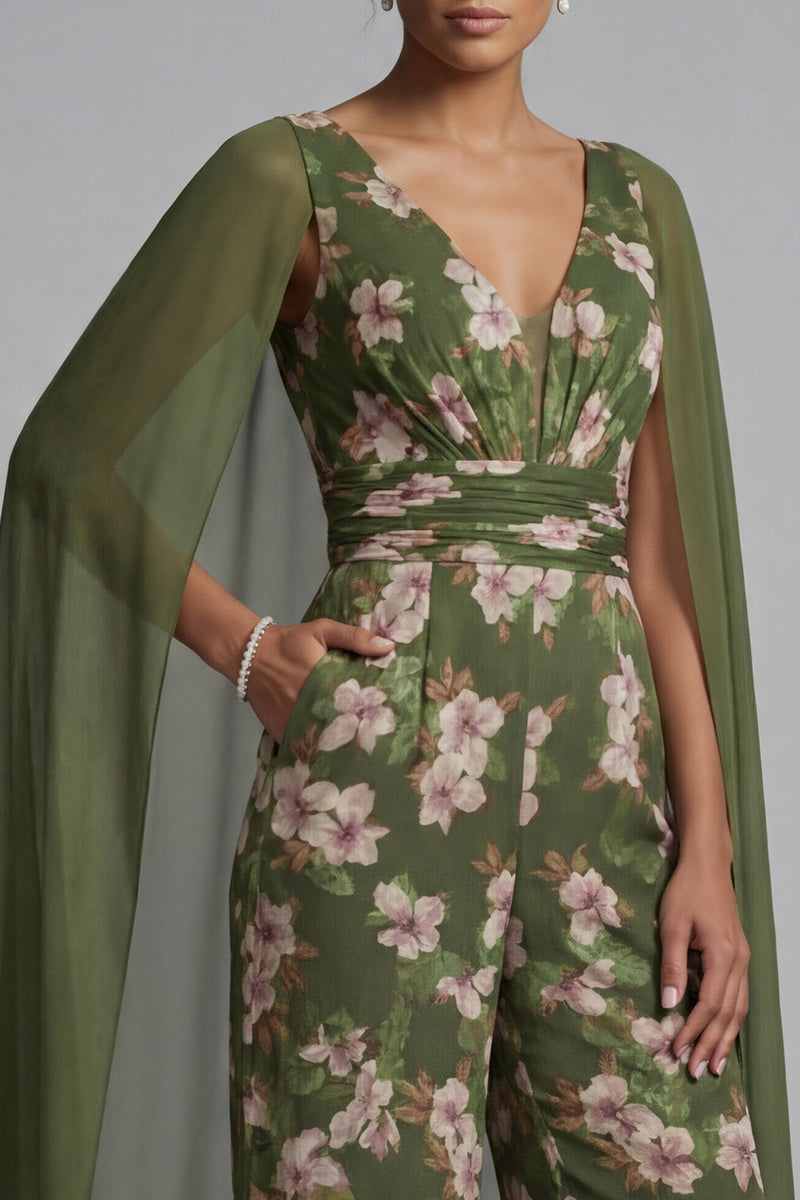 Laden Sie das Bild in den Galerie-Viewer, Eukalyptus-V-Ausschnitt floraler Mutter-der-der-Braut-Overall mit Umhang