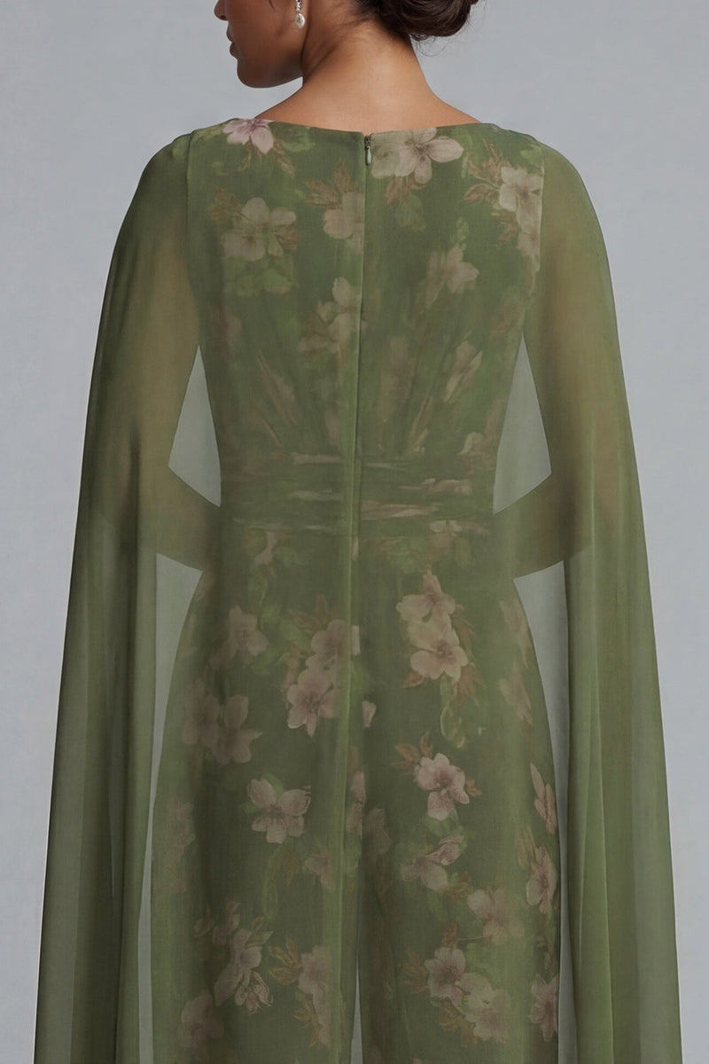 Laden Sie das Bild in den Galerie-Viewer, Eukalyptus-V-Ausschnitt floraler Mutter-der-der-Braut-Overall mit Umhang