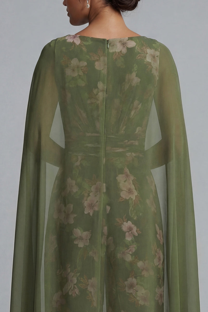 Laden Sie das Bild in den Galerie-Viewer, Eukalyptus-V-Ausschnitt floraler Mutter-der-der-Braut-Overall mit Umhang