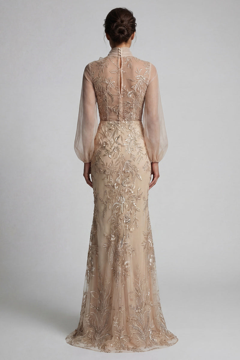Laden Sie das Bild in den Galerie-Viewer, Champagen Hochhals-Meerjungfrauen-Kleid Mutter der Braut mit Schleife