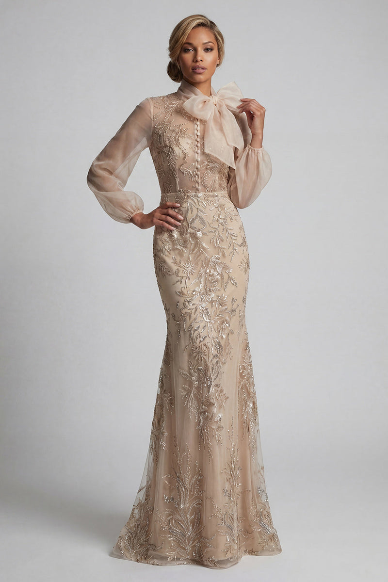 Laden Sie das Bild in den Galerie-Viewer, Champagen Hochhals-Meerjungfrauen-Kleid Mutter der Braut mit Schleife