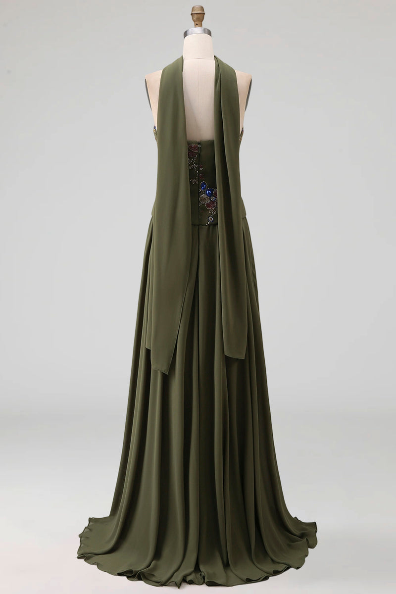 Laden Sie das Bild in den Galerie-Viewer, Olivfarbenes Trägerloses A-Linie appliquiertes Mutter-der-Braut-Kleid mit Schal