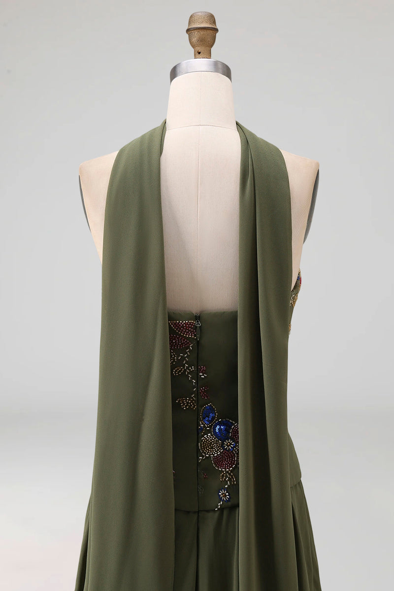 Laden Sie das Bild in den Galerie-Viewer, Olivfarbenes Trägerloses A-Linie appliquiertes Mutter-der-Braut-Kleid mit Schal