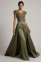 Laden Sie das Bild in den Galerie-Viewer, Oliv-Applikierter V-Ausschnitt Mother of the Bride Jumpsuit mit Flatterärmeln