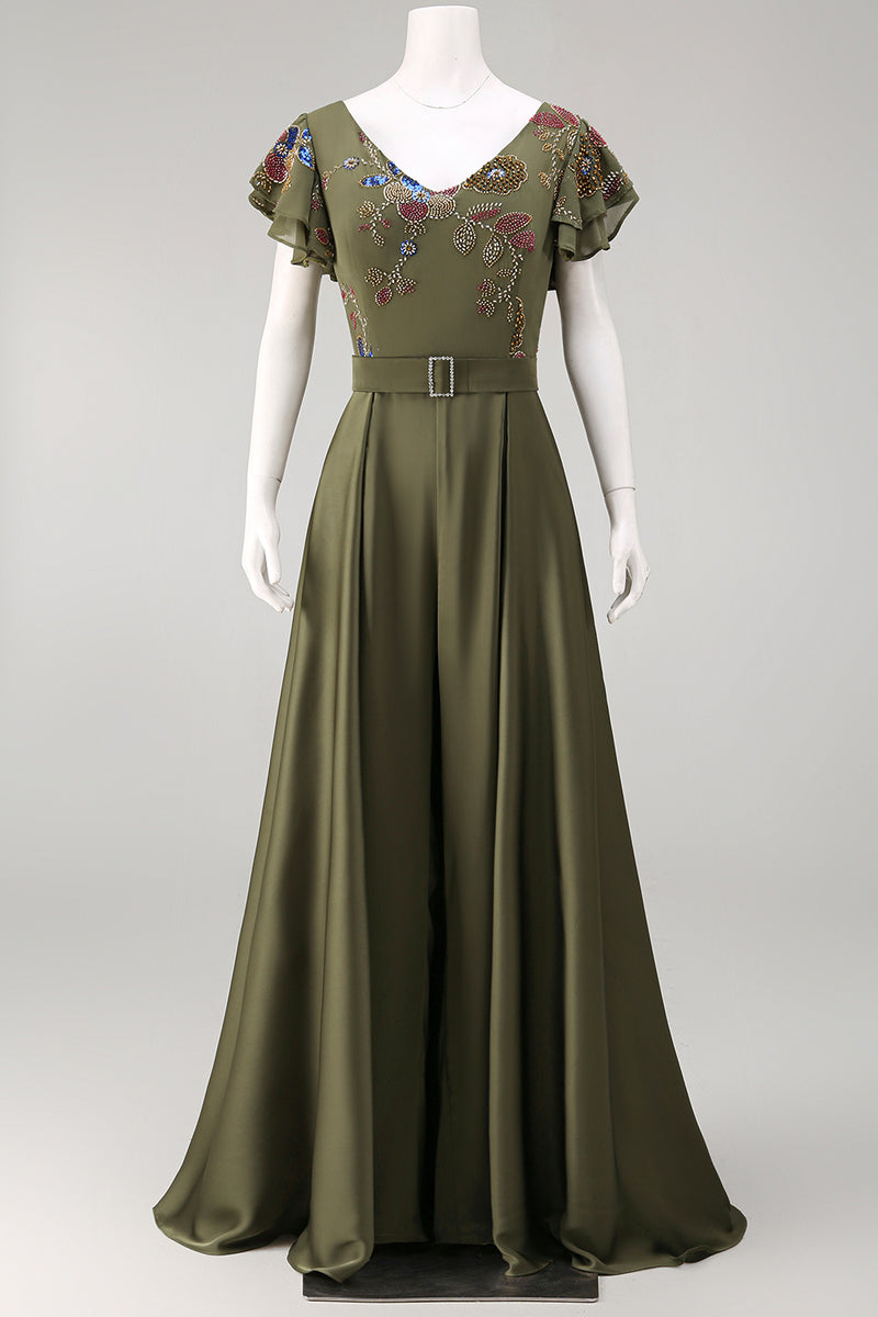 Laden Sie das Bild in den Galerie-Viewer, Olive V-Ausschnitt Applikationen Brautmutter Jumpsuit mit Flatterärmeln