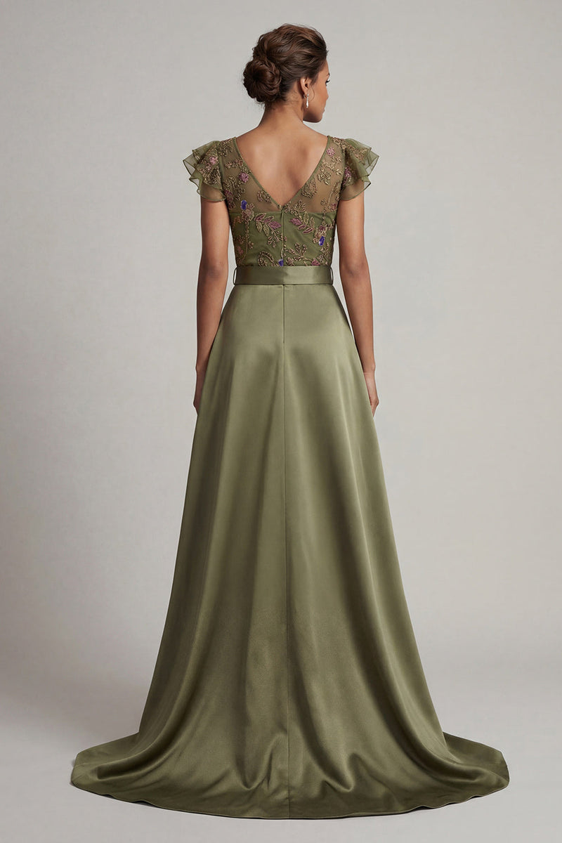Laden Sie das Bild in den Galerie-Viewer, Oliv-Applikierter V-Ausschnitt Mother of the Bride Jumpsuit mit Flatterärmeln