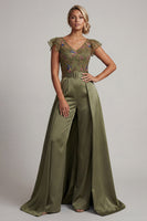 Laden Sie das Bild in den Galerie-Viewer, Oliv-Applikierter V-Ausschnitt Mother of the Bride Jumpsuit mit Flatterärmeln