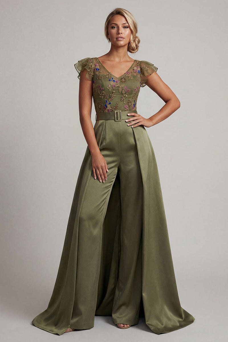 Laden Sie das Bild in den Galerie-Viewer, Oliv-Applikierter V-Ausschnitt Mother of the Bride Jumpsuit mit Flatterärmeln