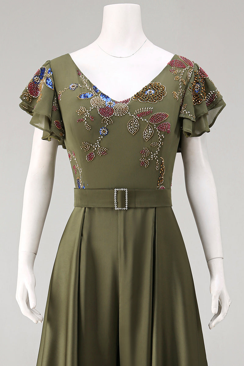 Laden Sie das Bild in den Galerie-Viewer, Olive V-Ausschnitt Applikationen Brautmutter Jumpsuit mit Flatterärmeln