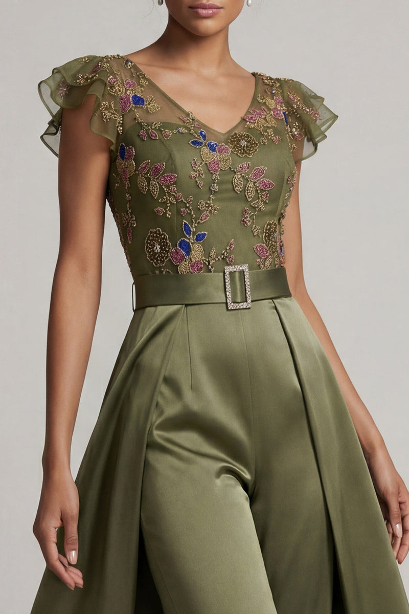 Laden Sie das Bild in den Galerie-Viewer, Oliv-Applikierter V-Ausschnitt Mother of the Bride Jumpsuit mit Flatterärmeln