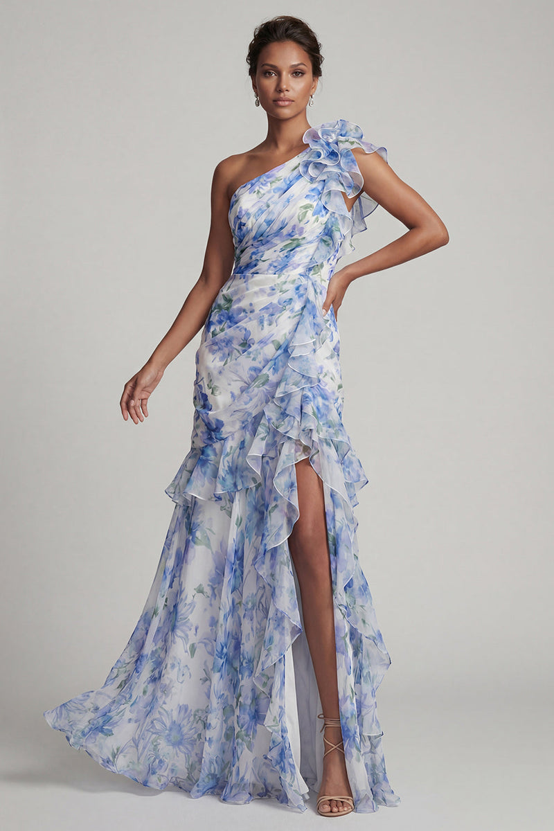 Laden Sie das Bild in den Galerie-Viewer, Hellblaues, einschulterbedrucktes, florales Rüschenkleid mit Mutter der Braut und Schlitz
