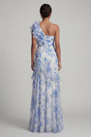 Laden Sie das Bild in den Galerie-Viewer, Hellblaues, einschulterbedrucktes, florales Rüschenkleid mit Mutter der Braut und Schlitz