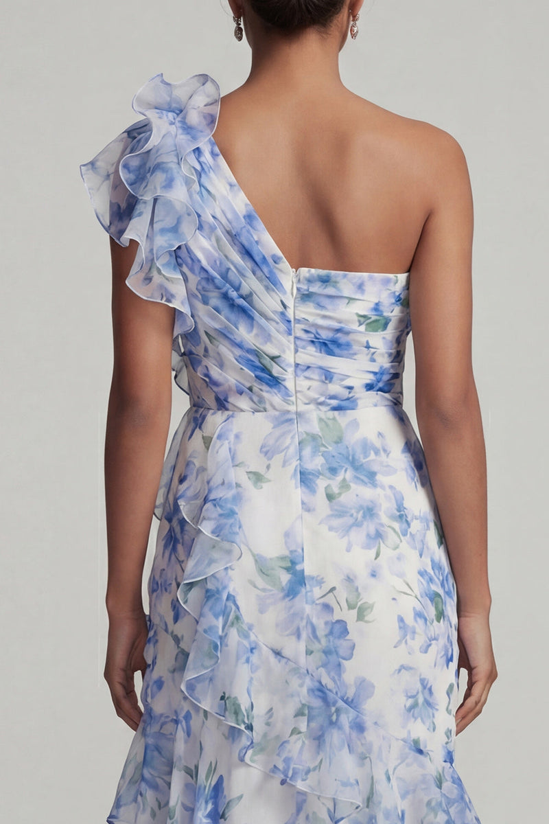 Laden Sie das Bild in den Galerie-Viewer, Hellblaues, einschulterbedrucktes, florales Rüschenkleid mit Mutter der Braut und Schlitz