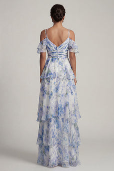 Cold Shoulder A-Linie hellblau bedruckter Rüschen Mutter der Braut Kleid