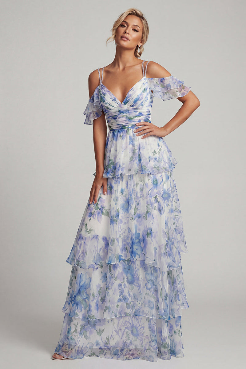 Laden Sie das Bild in den Galerie-Viewer, Cold Shoulder A-Linie hellblau bedruckter Rüschen Mutter der Braut Kleid