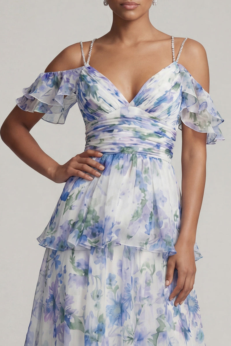Laden Sie das Bild in den Galerie-Viewer, Cold Shoulder A-Linie hellblau bedruckter Rüschen Mutter der Braut Kleid