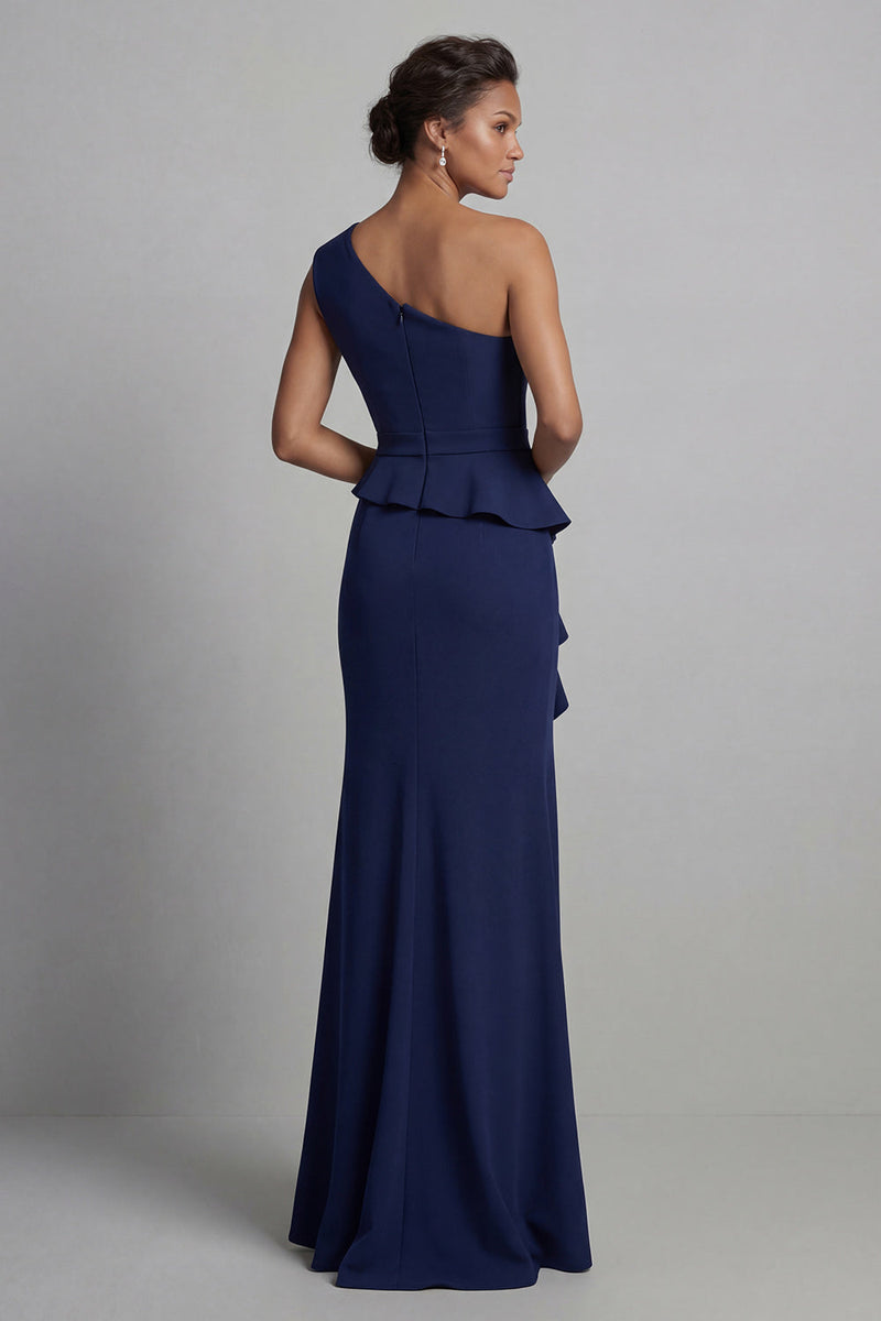 Laden Sie das Bild in den Galerie-Viewer, Marineblaues, schulterlanges, perlenbesetztes Meerjungfrauenkleid Mutter der Braut mit Rüschen