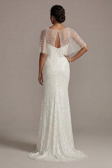 Glitzerndes weißes Illusions-Bootsausschnitt Meerjungfrauen-Langperlen-Festkleid mit Perlen