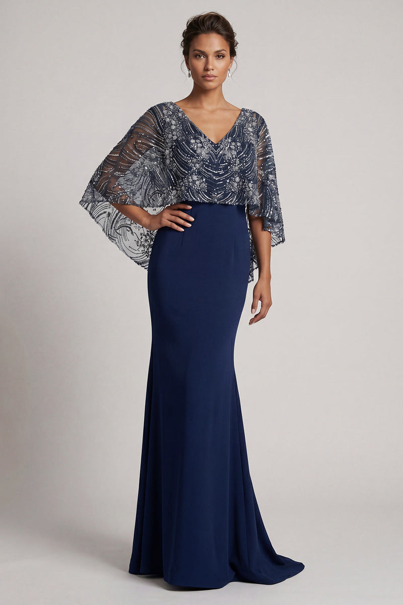 Laden Sie das Bild in den Galerie-Viewer, Glitzernde marineblaue Pailletten V-Ausschnitt Meerjungfrauenkleid Mutter der Braut mit Umhang