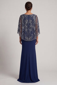 Glitzernde marineblaue Pailletten V-Ausschnitt Meerjungfrauenkleid Mutter der Braut mit Umhang
