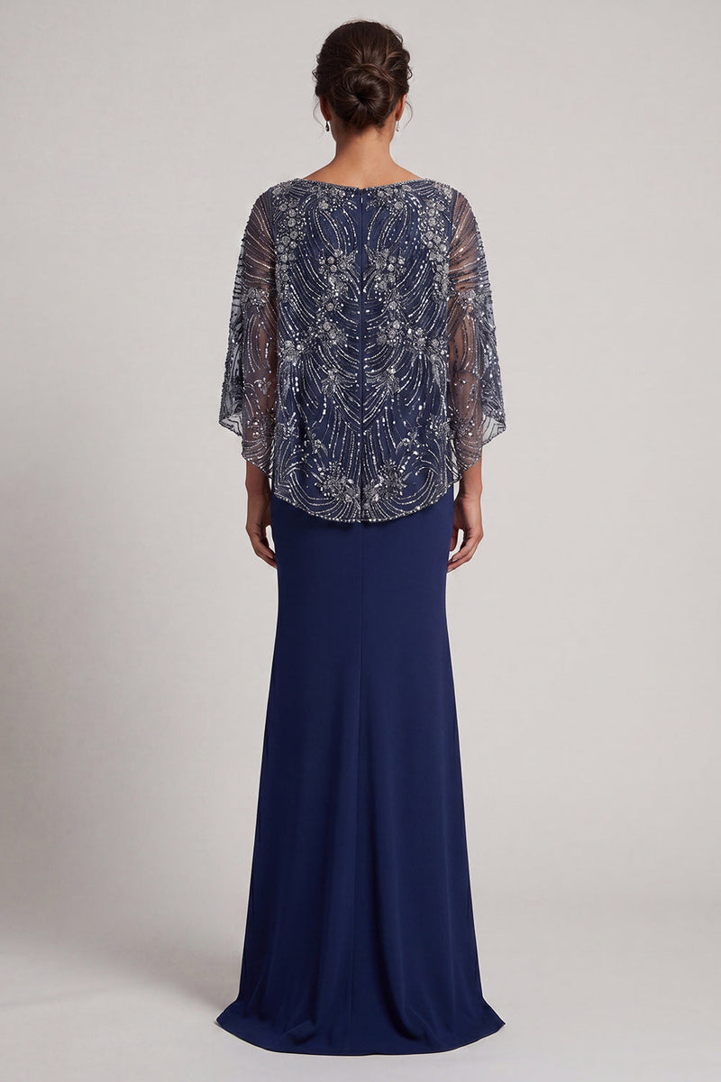 Laden Sie das Bild in den Galerie-Viewer, Glitzernde marineblaue Pailletten V-Ausschnitt Meerjungfrauenkleid Mutter der Braut mit Umhang