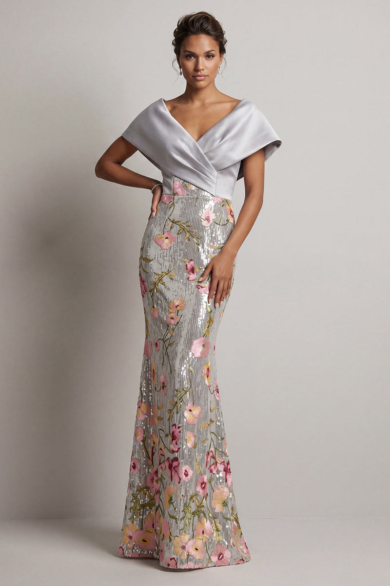Laden Sie das Bild in den Galerie-Viewer, Glitzerndes silbernes Blumen-V-Ausschnitt-Pailletten-Meerjungfrauenkleid Lange Mutter der Braut