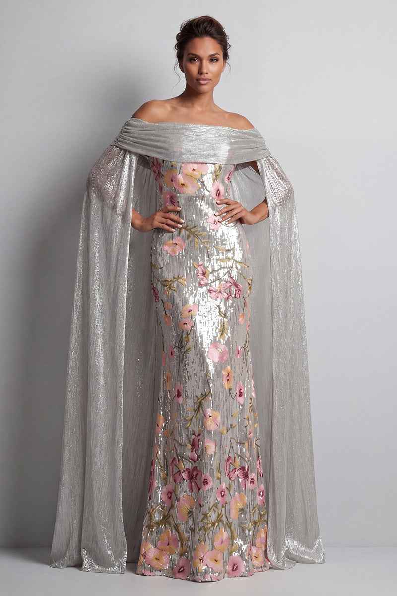 Laden Sie das Bild in den Galerie-Viewer, Glitzerndes silbernes Pailletten-Blumenmeerjungfrauen-Langes Brautkleid mit Umhang