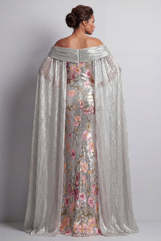 Glitzerndes silbernes Pailletten-Blumenmeerjungfrauen-Langes Brautkleid mit Umhang