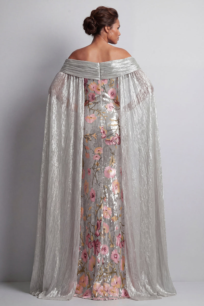 Laden Sie das Bild in den Galerie-Viewer, Glitzerndes silbernes Pailletten-Blumenmeerjungfrauen-Langes Brautkleid mit Umhang