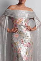 Laden Sie das Bild in den Galerie-Viewer, Glitzerndes silbernes Pailletten-Blumenmeerjungfrauen-Langes Brautkleid mit Umhang