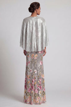 Glitzerndes Blumen-Silber-Pailletten-Meerjungfrauen-Kleber Lange Mutter der Braut mit Umhang