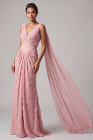 Laden Sie das Bild in den Galerie-Viewer, Pinkes Blumen-V-Ausschnitt Meerjungfrauen-Langes Mutter-der-Braut-Kleid mit Girlende