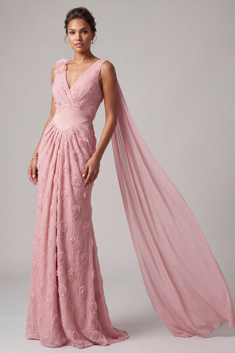 Laden Sie das Bild in den Galerie-Viewer, Pinkes Blumen-V-Ausschnitt Meerjungfrauen-Langes Mutter-der-Braut-Kleid mit Girlende