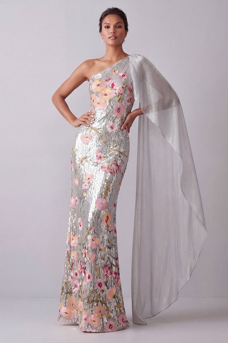 Laden Sie das Bild in den Galerie-Viewer, Glitzernde silberne Blumenpailletten, ein schulterlanges Mutter-der-der-Braut-Kleid mit Seitenumhang