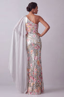 Laden Sie das Bild in den Galerie-Viewer, Glitzernde silberne Blumenpailletten, ein schulterlanges Mutter-der-der-Braut-Kleid mit Seitenumhang