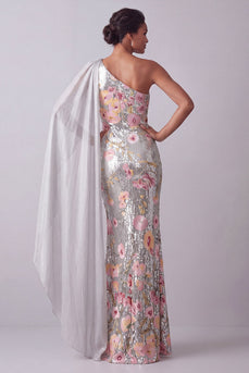 Glitzernde silberne Blumenpailletten, ein schulterlanges Mutter-der-der-Braut-Kleid mit Seitenumhang