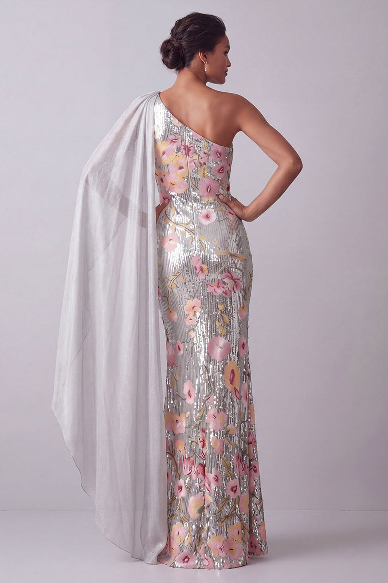 Laden Sie das Bild in den Galerie-Viewer, Glitzernde silberne Blumenpailletten, ein schulterlanges Mutter-der-der-Braut-Kleid mit Seitenumhang