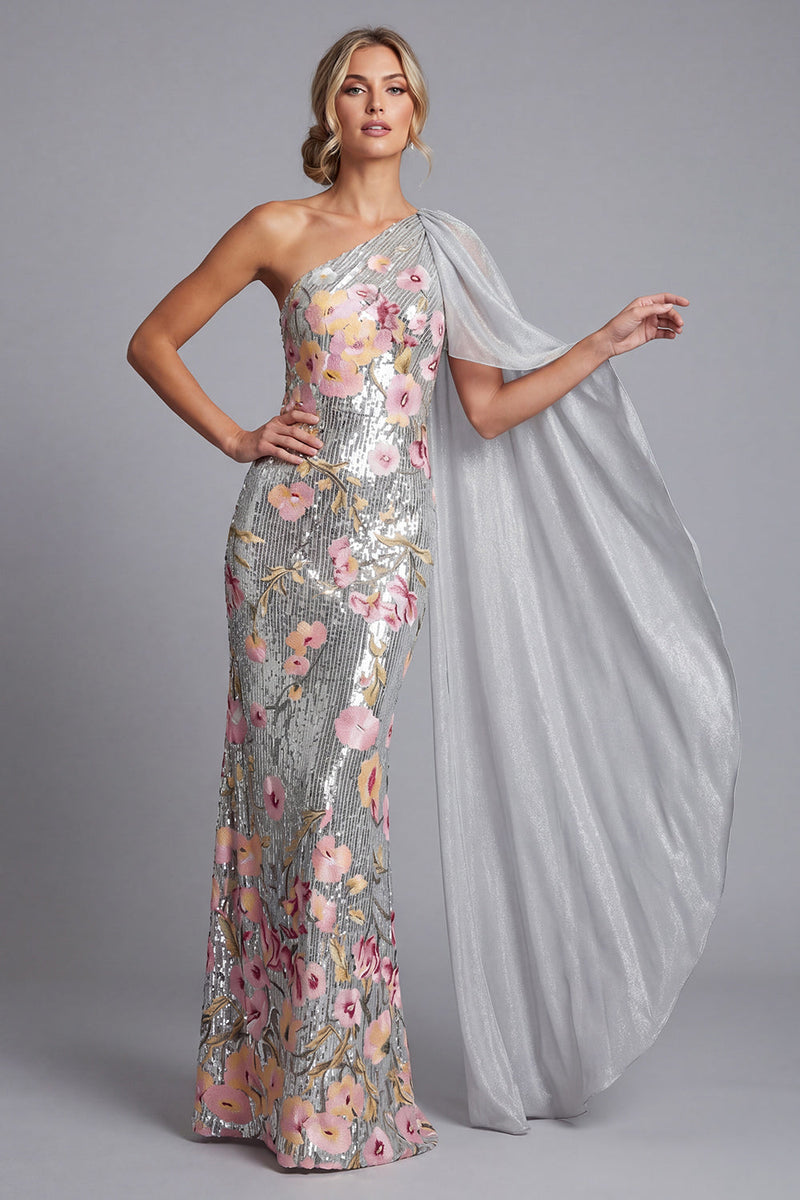 Laden Sie das Bild in den Galerie-Viewer, Glitzernde silberne Blumenpailletten, ein schulterlanges Mutter-der-der-Braut-Kleid mit Seitenumhang