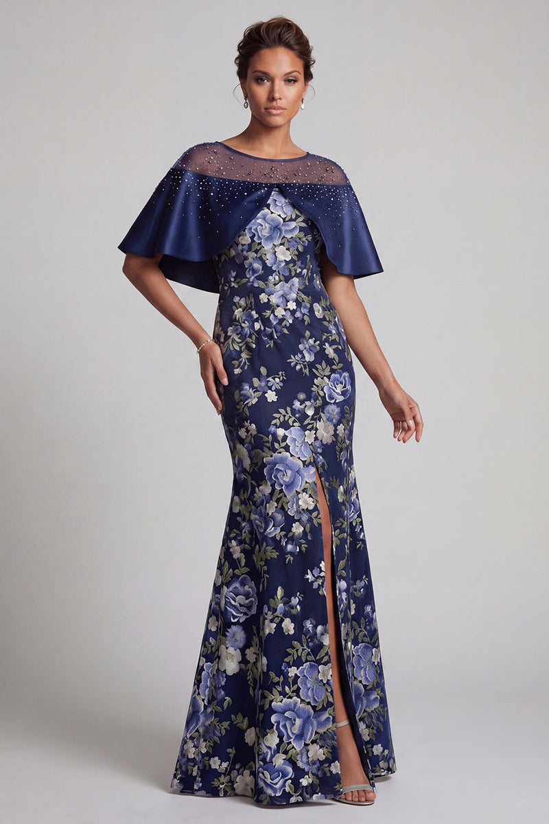 Laden Sie das Bild in den Galerie-Viewer, Marineblaues, geblümtes Meerjungfrauenkleid mit Perlen, lange Mutter der Braut mit Umhang