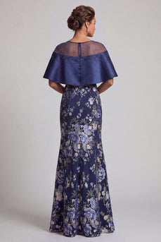 Marineblaues, geblümtes Meerjungfrauenkleid mit Perlen, lange Mutter der Braut mit Umhang
